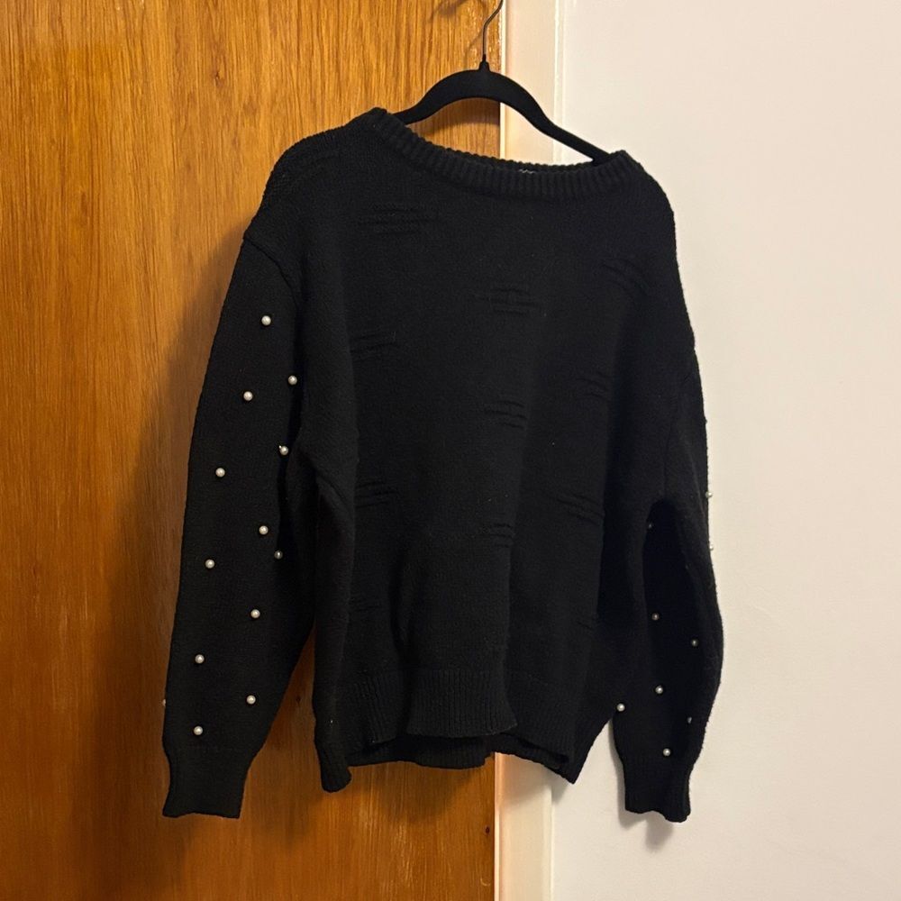 Black Sweater with Pearl Detailing